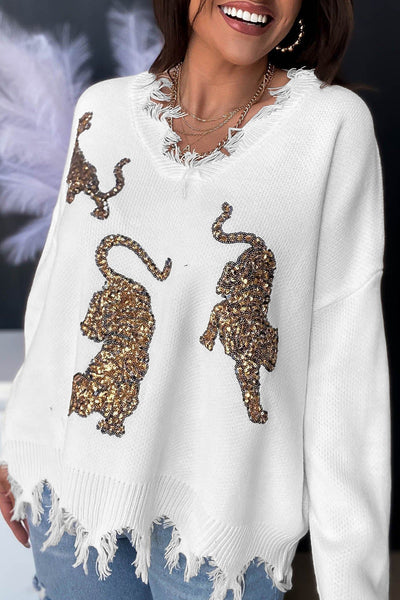 Frayed Sequin Tiger Pattern Knit Jumper