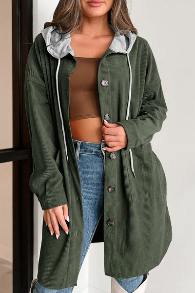 Stylish Women's Jungle Green Oversized Corduroy Hooded Shacket with Contrast Details for Ultimate Comfort