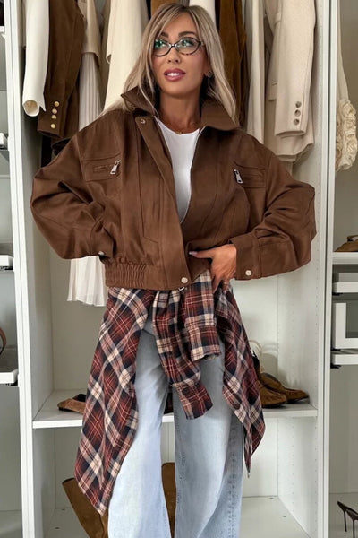 Cozy Mineral Red Plaid Boyfriend Shacket for Women Stylish Flannel Overshirt with Chest Pocket for Casual Layering