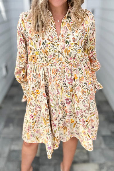 Women's Spring Floral Print Yellow Dress with Long Sleeves, Smocked Cuffs, and Frilly Trim Casual Loose Fit