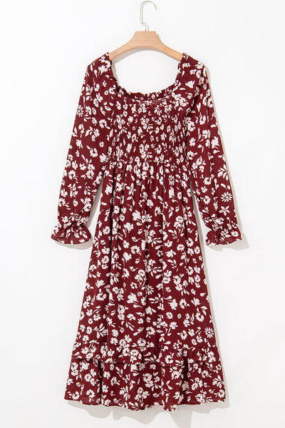 Women's Red Floral Smocked Maxi Dress with Square Neck