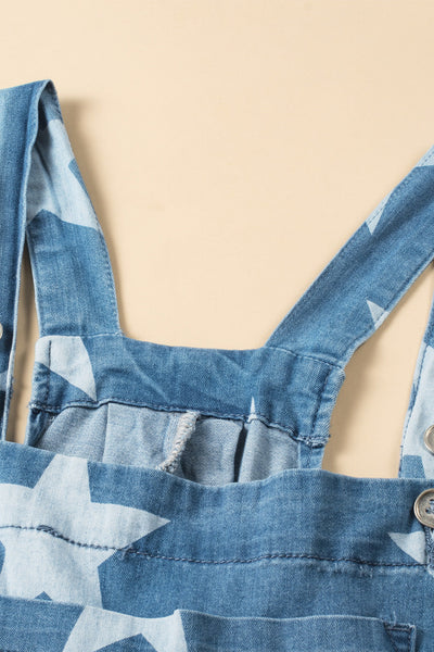 Women's Star Print Buttoned Strap Pleat Wide Leg Denim Overall