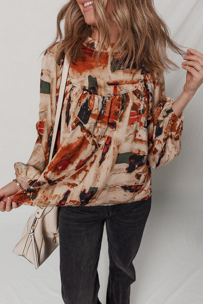 Trendy Women's Multicolor Retro Abstract Blouse with Zip Back and Long Puff Sleeves for Casual Chic Outfits