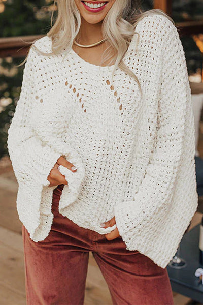 Women's White Cotton-Blend Wide Sleeve Crochet Pullover