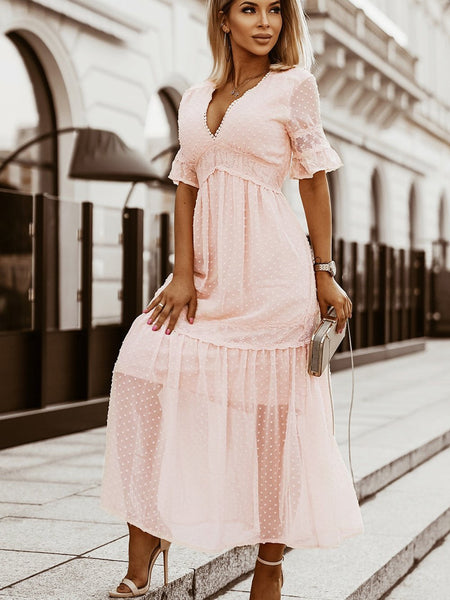 Women's V-Neck Ruffle Sleeve Swiss Dot Midi Dress