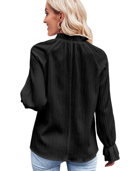 Elegant Black Ripple Sleeve Blouse with Frilled Stand Neck