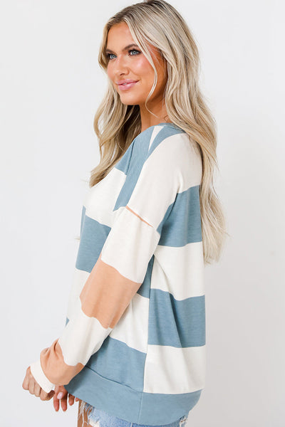 Women‚Äôs Casual Light Blue Colorblock Striped Long Sleeve Drop Shoulder Top - Effortless Chic for Everyday Style