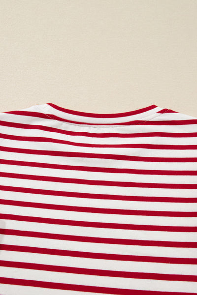 Women's Red Striped Ruffle Sleeve Cotton Blend Blouse