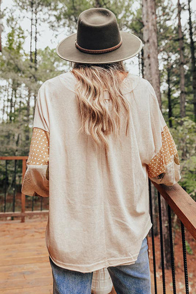 Tropical Palm Print Puff Sleeve V-Neck Blouse for Women Loose-Fit, Stylish Patchwork in Jet Stream Colors