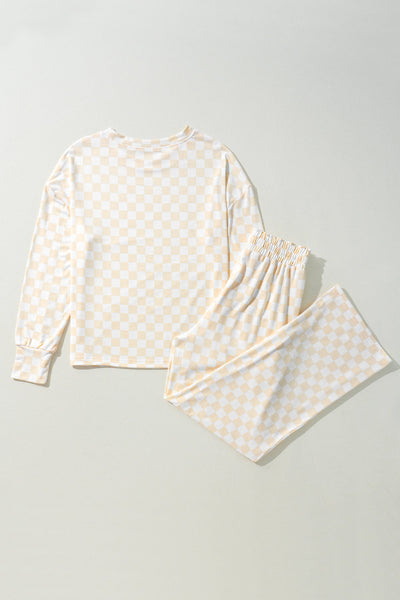 Stylish Beige Checkered Lounge Set for Women - Cozy Long Sleeve Top & Relaxed Fit Pants for Ultimate Comfort