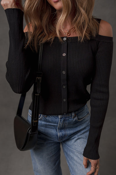 Chic Black Ribbed Knit Cold Shoulder Sweater with Button Front for Trendy Women‚Äôs Fashion