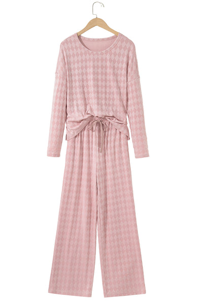 Chic Light Pink Knit Lounge Set for Women - Cozy Long Sleeve Top & Pocketed Drawstring Pants with Stylish Rhombus Design