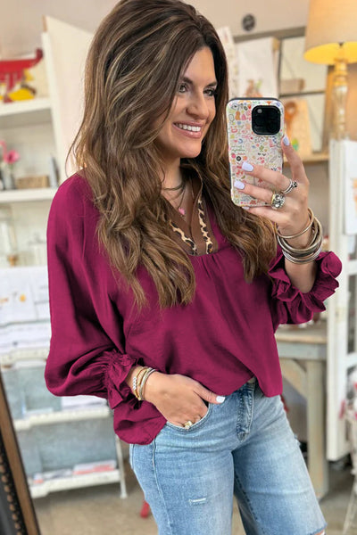 Women's Violet V-Neck Blouse with Leopard Trim and Flounced Sleeves with practical styling and dependable silhouette control.