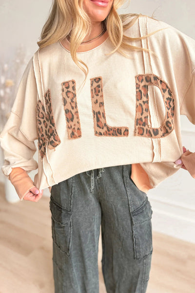 Trendy Women's Oversized Apricot Leopard Print Sweatshirt with Stylish Letter Stitching and Raw Seam Design