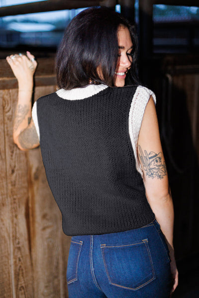 Women's Stylish Navy Blue Woven Sweater Vest with Horseshoe Trim - Comfortable Layering Essential for Every Wardrobe