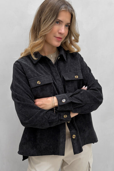 Chic Women's Black Corduroy Shacket with Button Flap Pockets - Perfect Layer for Effortless Casual Style