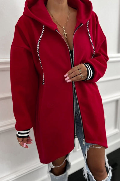 women's racing red oversized zip-up hoodie with contrast striped cuffs made for easy styling and wardrobe coordination, with premium-like structure