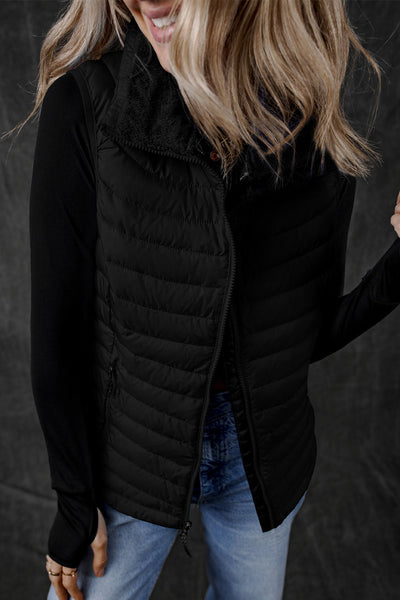 Cozy Women's Black Quilted Puffer Vest with Plush Collar and Zipper - Stylish Winter Outerwear for Cold Adventures