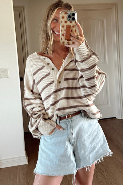 women's loose fit khaki stripe henley sweater with exposed seams and patchwork drop shoulders for effortless style made for easy styling and wardrobe