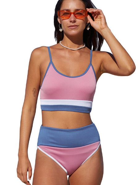 Pink Ribbed Colorblock High Waisted Bikini Set