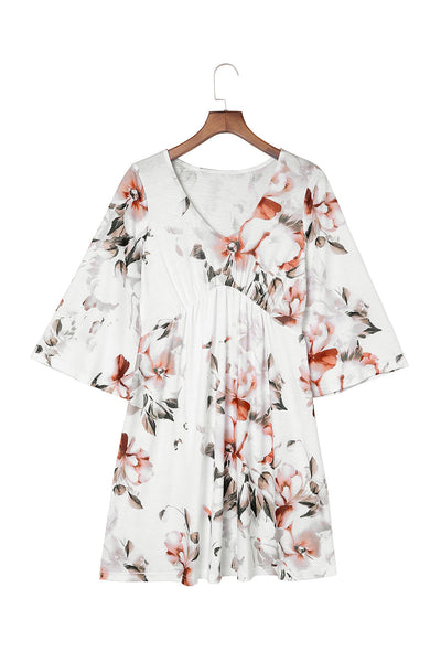 Printed Lace Up Lapel Waist Short Sleeved Midi Dress