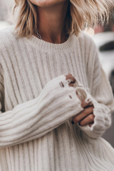 Cozy Women's Slouchy Jet Stream Ribbed Knit Sweater with Distressed Edges for a Casual Chic Look