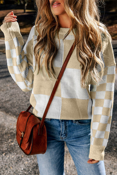 Cozy Women's Flaxen Checkered Drop Shoulder Knit Sweater - Stylish, Soft Fit for Casual Chic Looks