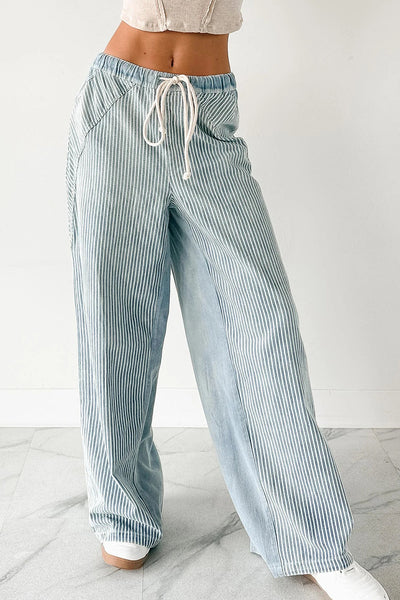 Stylish Women's Sky Blue Wide Leg Patchwork Jeans with Contrast Stripes and Adjustable Drawstring for a Perfect Fit