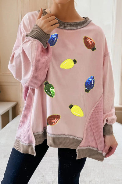 Women's Pink Sequin Christmas Light Sweatshirt with Patchwork