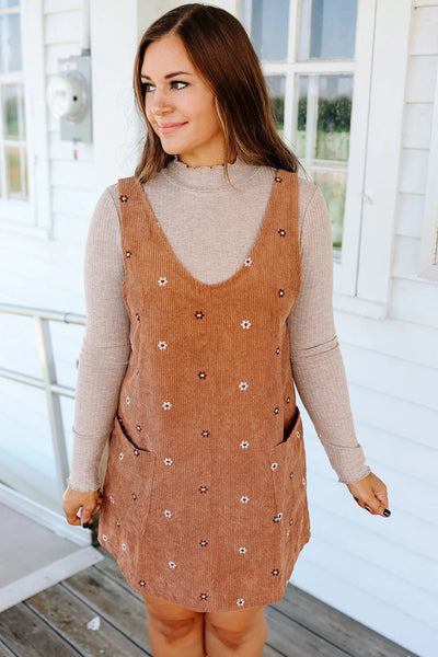 Women's Gold Flame Flower Embroidered Mini Dress - Stylish Corduroy Overall with Adjustable Straps and Trendy Fit