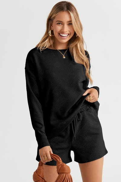 Stylish Women's Black Textured Long Sleeve Top & Comfortable Drawstring Shorts Set - Versatile Summer Outfit