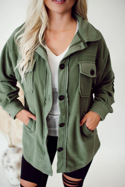 Women's Cozy Smoke Green Fleece Shacket with Exposed Seams & Button Down, Trendy Patchwork Design for Ultimate Comfort