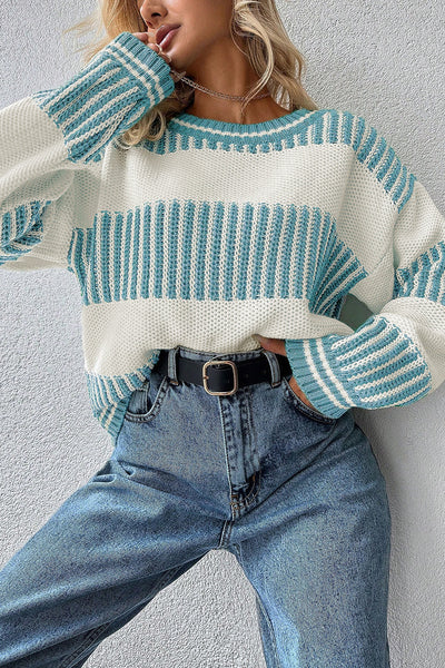 Light Blue Two-Tone Striped Patchwork Oversized Sweater for Women Cozy Drop Shoulder Style for Casual Chic Looks