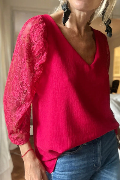 Stylish Women's Coral Lace Patchwork Blouse - 3/4 Sleeve V-Neck Top for Casual Elegance and Comfortable Fit