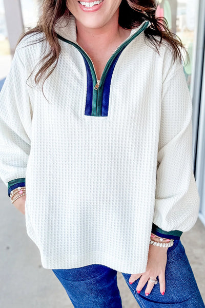 Women's Cozy White Waffle Texture Polo Neck Zip-Up Jumper with Contrast Details Trendy Casual Style for Every Season
