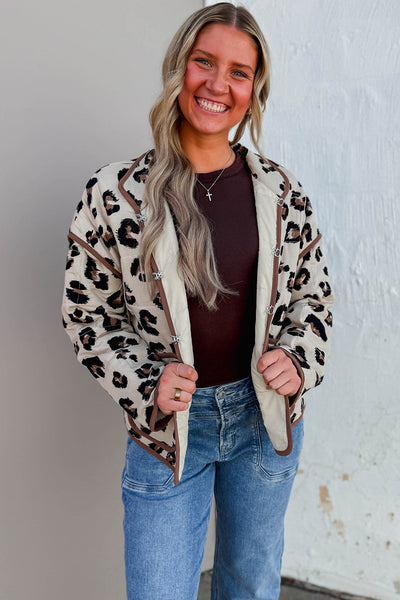 Khaki Leopard Print Quilted Jacket with Contrast Trim with practical styling and dependable silhouette control.