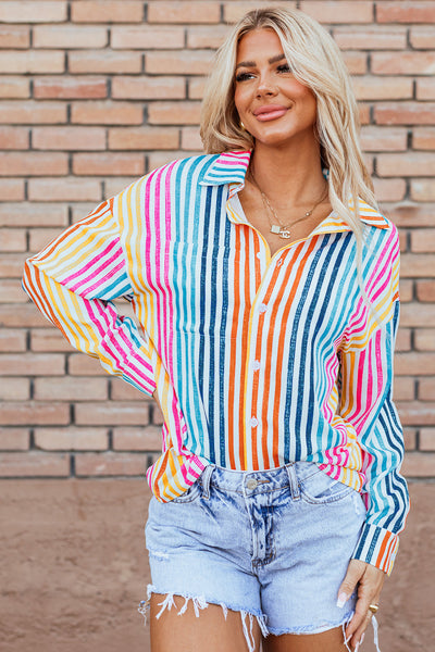 Trendy Women's Orange Striped Loose-Fit Drop Shoulder Shirt - Casual Multicolor Top for Effortless Everyday Style