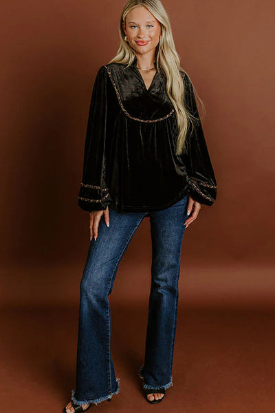 Elegant Women's Black Velvet Puff Sleeve Top with Notched Neck and Leopard Trim - Chic Casual Fashion Statement