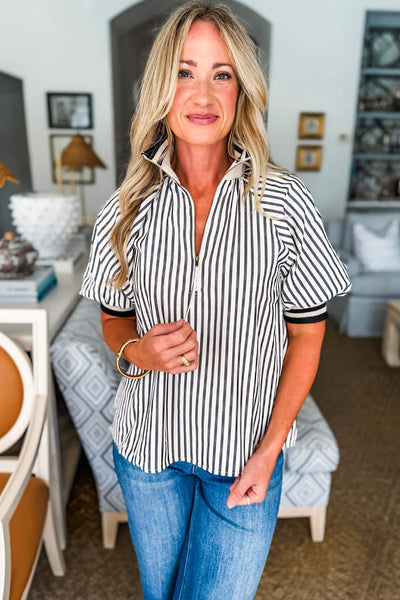 Trendy Women's Black and White Stripe Half Zip Blouse with Puff Sleeves - Chic Patchwork Top for Casual Outfits