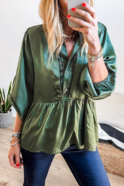 Elegant Mist Green Satin Peplum Blouse for Women with Lace Neckline & 3/4 Sleeves - Chic Casual Elegance