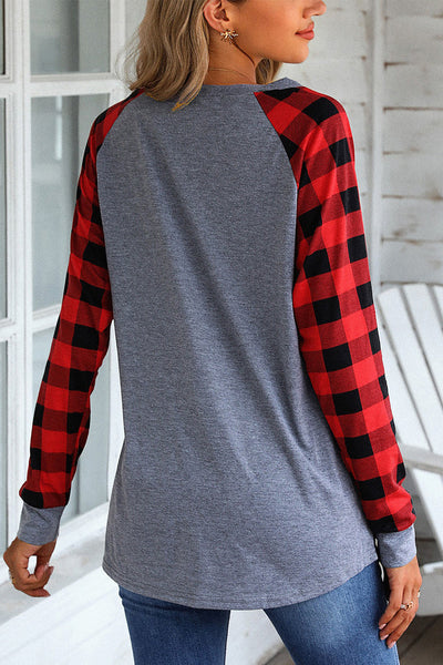 Trendy Women's Fiery Red Plaid Raglan Long Sleeve Shirt - Comfortable Casual Top for Effortless Style