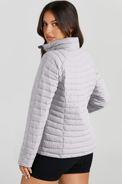 Stylish Women's Silver Quilted Puffer Jacket - Trendy Zip-Up Outerwear for Cold Weather with Comfortable Fit