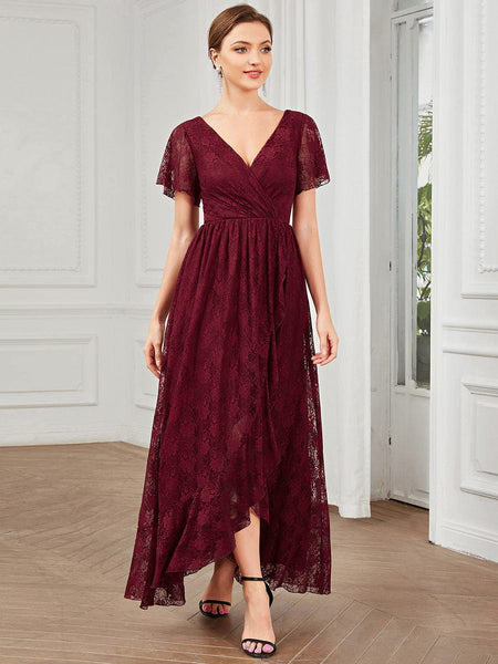 Women's Burgundy Lace A-Line Evening Gown with Flutter Sleeves