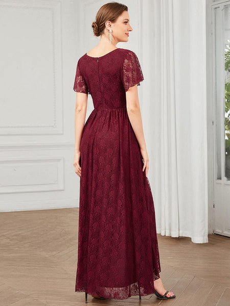 Women's Burgundy Lace A-Line Evening Gown with Flutter Sleeves