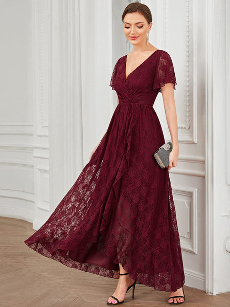 Women's Burgundy Lace A-Line Evening Gown with Flutter Sleeves