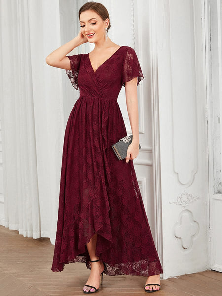 Women's Burgundy Lace A-Line Evening Gown with Flutter Sleeves