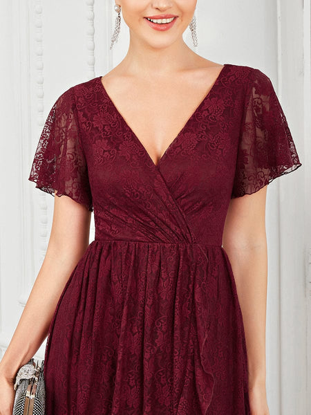 Women's Burgundy Lace A-Line Evening Gown with Flutter Sleeves