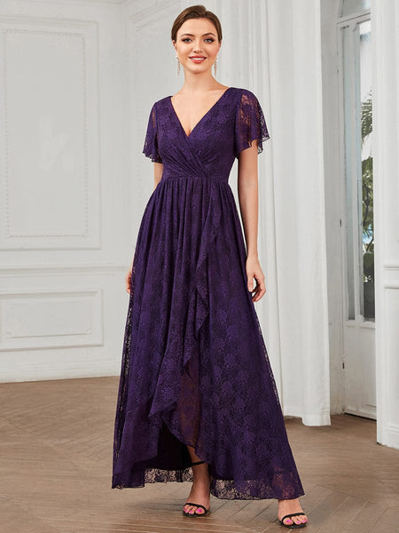 Women's Burgundy Lace A-Line Evening Gown with Flutter Sleeves