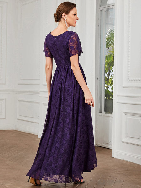 Women's Burgundy Lace A-Line Evening Gown with Flutter Sleeves