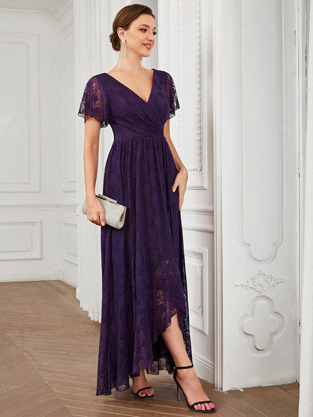 Women's Burgundy Lace A-Line Evening Gown with Flutter Sleeves